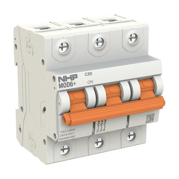 NHP MOD6+ 3 POLE 80A 1OKA C CURVE MINIATURE CIRCUIT BREAKER MD6MH380