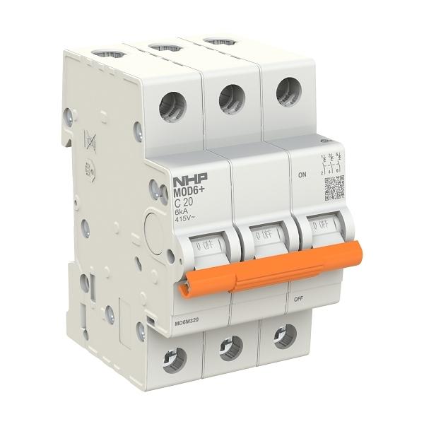 NHP MOD6+ 3 POLE 20A 6KA C CURVE MINIATURE CIRCUIT BREAKER MD6M320