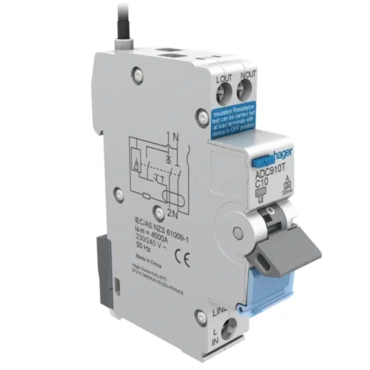 HAGER 1 POLE 10A PIGTAIL TYPE A 6kA 30mA RCBO ADC910T