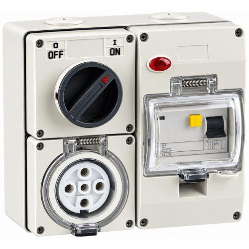 NEXE 5 PIN 20A ROUND INDUSTRIAL SWITCH AND SOCKET WITH 25A RCD PROTECTED 66CV520RCD25A