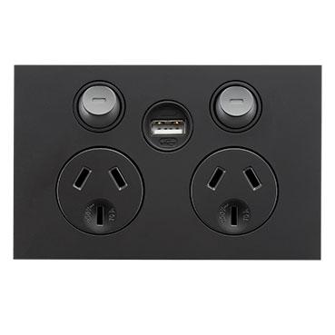 CLIPSAL SATURN ZEN BLACK 10A DOUBLE POWERPOINT WITH USB Z4025USB-ZB