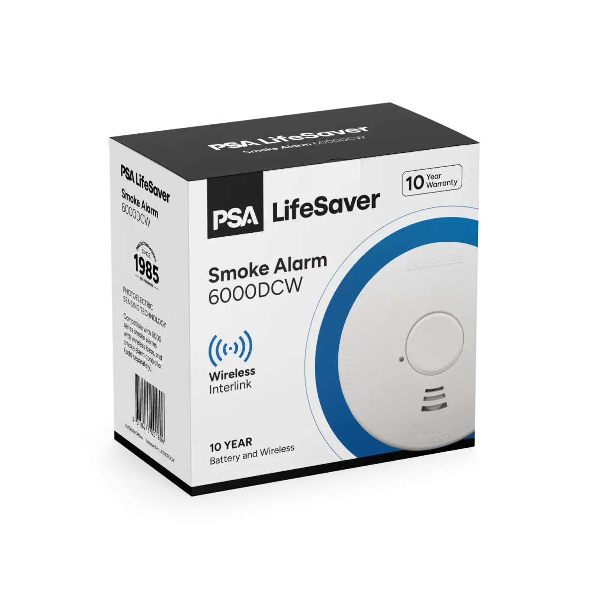 PSA LIFESAVER WIRELESS SMOKE ALARM WITH 10 YEAR LITHIUM BATTERY AND WIRELESS RF INTERLINK LIF6000DCW